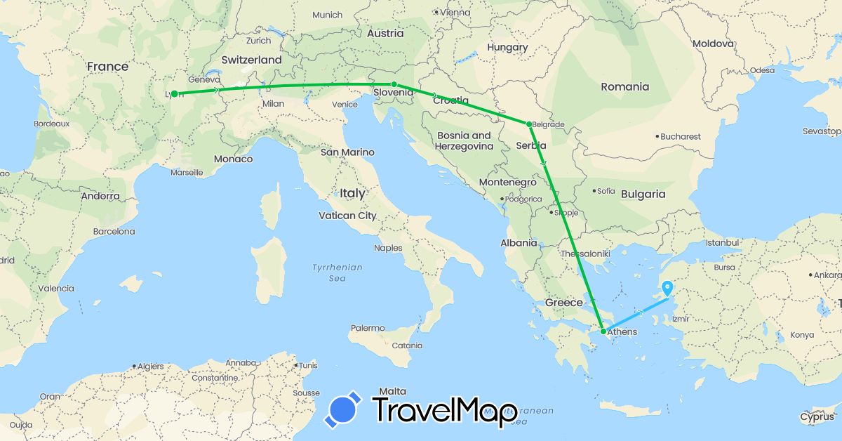 TravelMap itinerary: driving, bus, boat in France, Greece, Serbia, Slovenia (Europe)